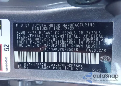 2023 Toyota Camry Se from USA, damaged, VIN 4T1G11AK0PU765046